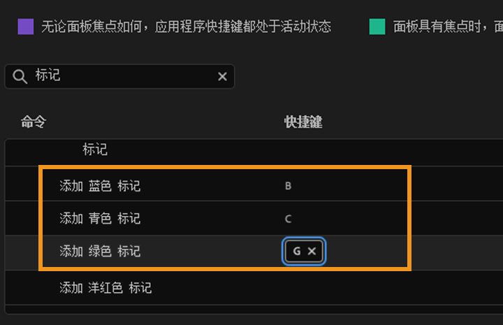 Premiere Pro 界面显示键盘快捷键窗口，其中标记颜色选项已高亮显示。
