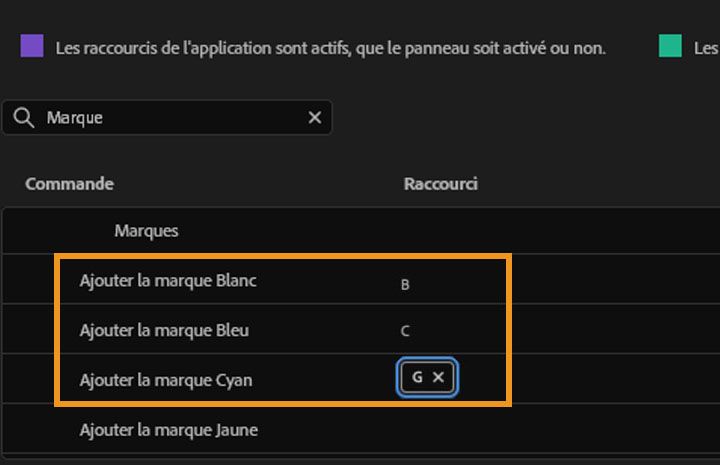 Interface de Premiere Pro montrant la fenêtre des raccourcis clavier avec les options de couleur de marque mises en évidence