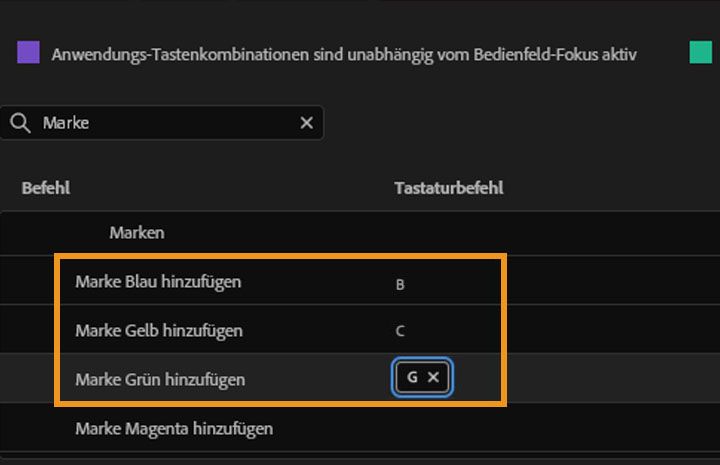 Premiere Pro-Oberfläche mit geöffnetem Fenster für Tastaturkürzel, wobei die Optionen für Markerfarben hervorgehoben sind