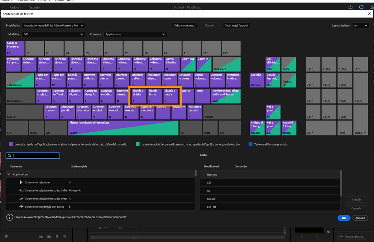 Layout di tastiera di Premiere Pro che mostra i tasti J, K e L evidenziati.L'immagine dimostra come questi tasti vengono utilizzati per riprodurre le clip in avanti, mettere in pausa o riprodurre indietro durante il taglio dinamico in modalità Taglio.