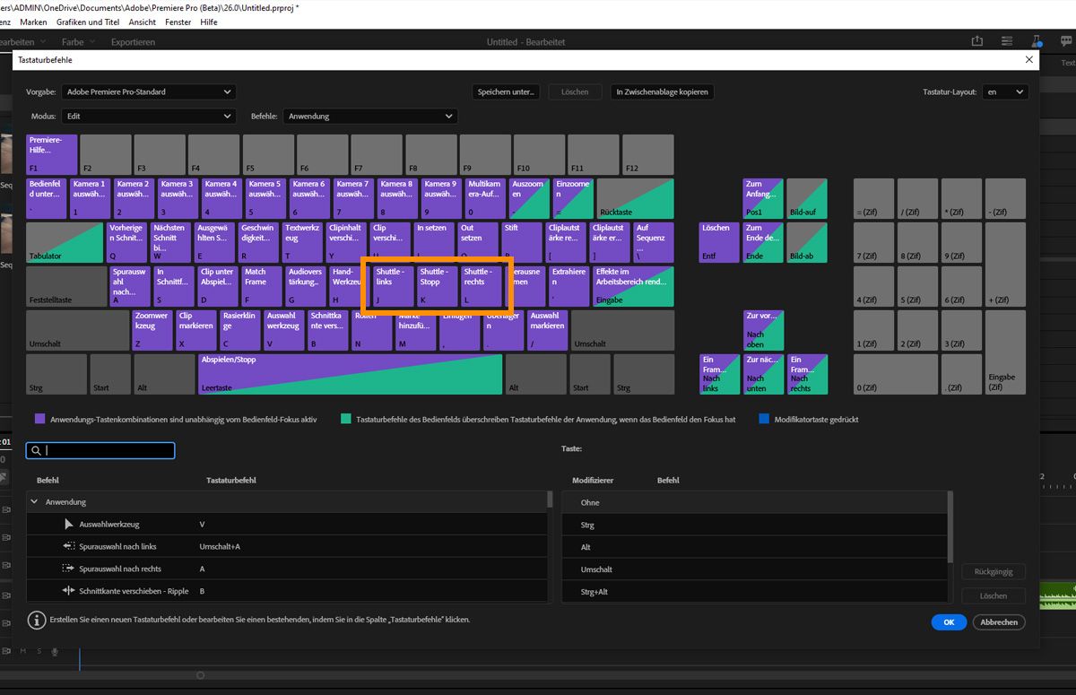 Premiere Pro-Tastaturlayout mit hervorgehobenen J-, K- und L-Tasten. Das Bild zeigt, wie diese Tasten verwendet werden, um Clips vorwärts abzuspielen, zu pausieren oder rückwärts abzuspielen während des dynamischen Trimmens im Trimm-Modus.