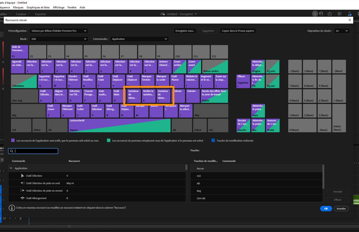 Disposition du clavier Premiere Pro montrant les touches J, K et L mises en évidence. L'image montre comment ces touches sont utilisées pour lire les clips vers l'avant, mettre en pause ou lire vers l'arrière pendant le raccordement dynamique en mode Raccordement.