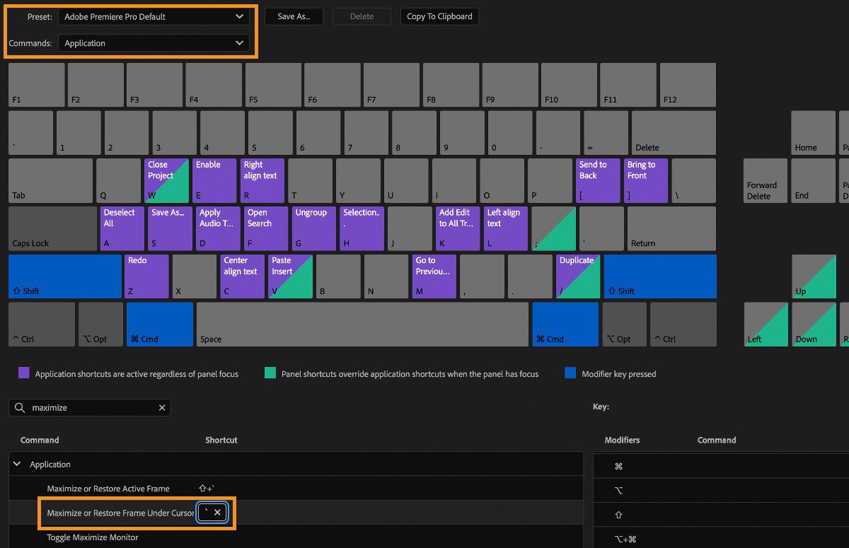Le scelte rapide da tastiera di Premiere Pro visualizzano comandi personalizzabili.Il comando Massimizza o ripristina fotogramma sotto il cursore è evidenziato e associato al tasto ` (accento).