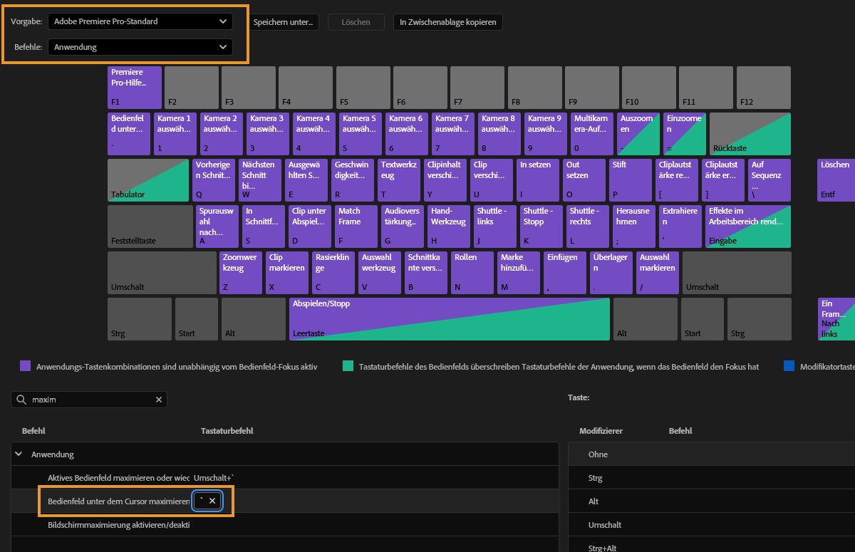 Die Premiere Pro-Tastaturkurzbefehle zeigen anpassbare Befehle an. Der Befehl „Bedienfeld unter dem Cursor maximieren oder wiederherstellen“ ist hervorgehoben und der Taste ` (Akzent) zugeordnet.