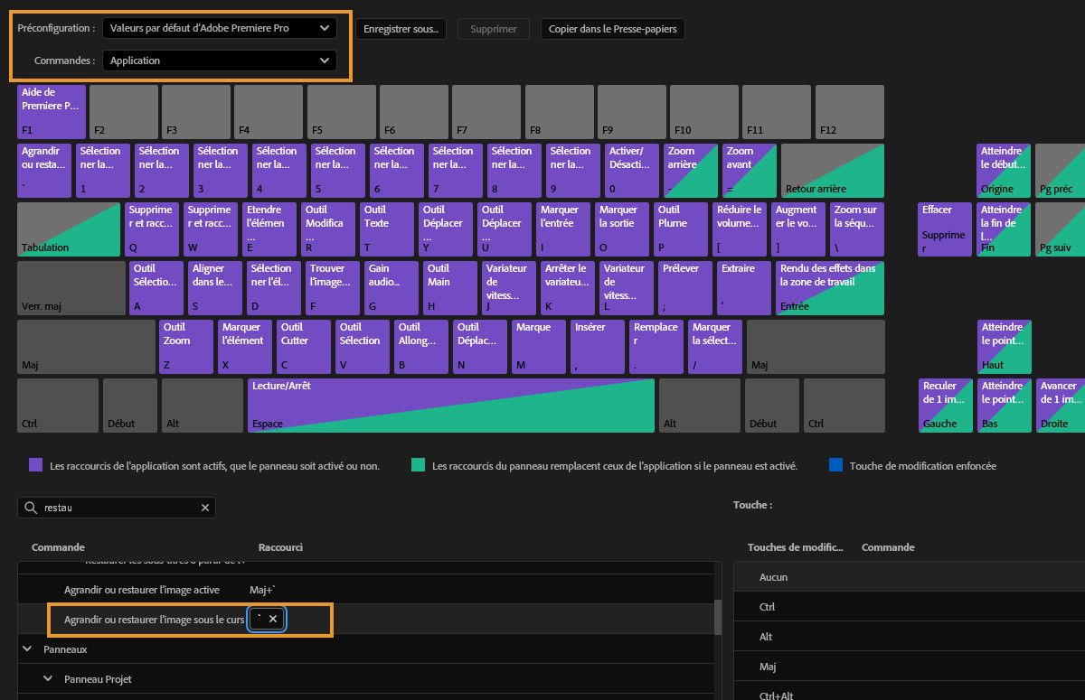Les raccourcis clavier de Premiere Pro affichent des commandes personnalisables.La commande Agrandir ou restaurer l’image sous le curseur est mise en surbrillance et associée à la touche ` (accent).