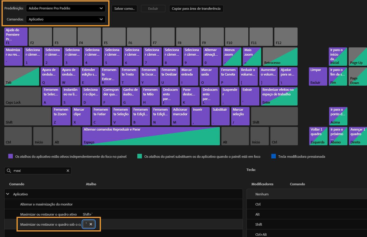Os atalhos de teclado do Premiere Pro exibem comandos personalizáveis.O comando “Maximizar ou restaurar o quadro sob o cursor” está realçado e mapeado para a tecla ` (acento).