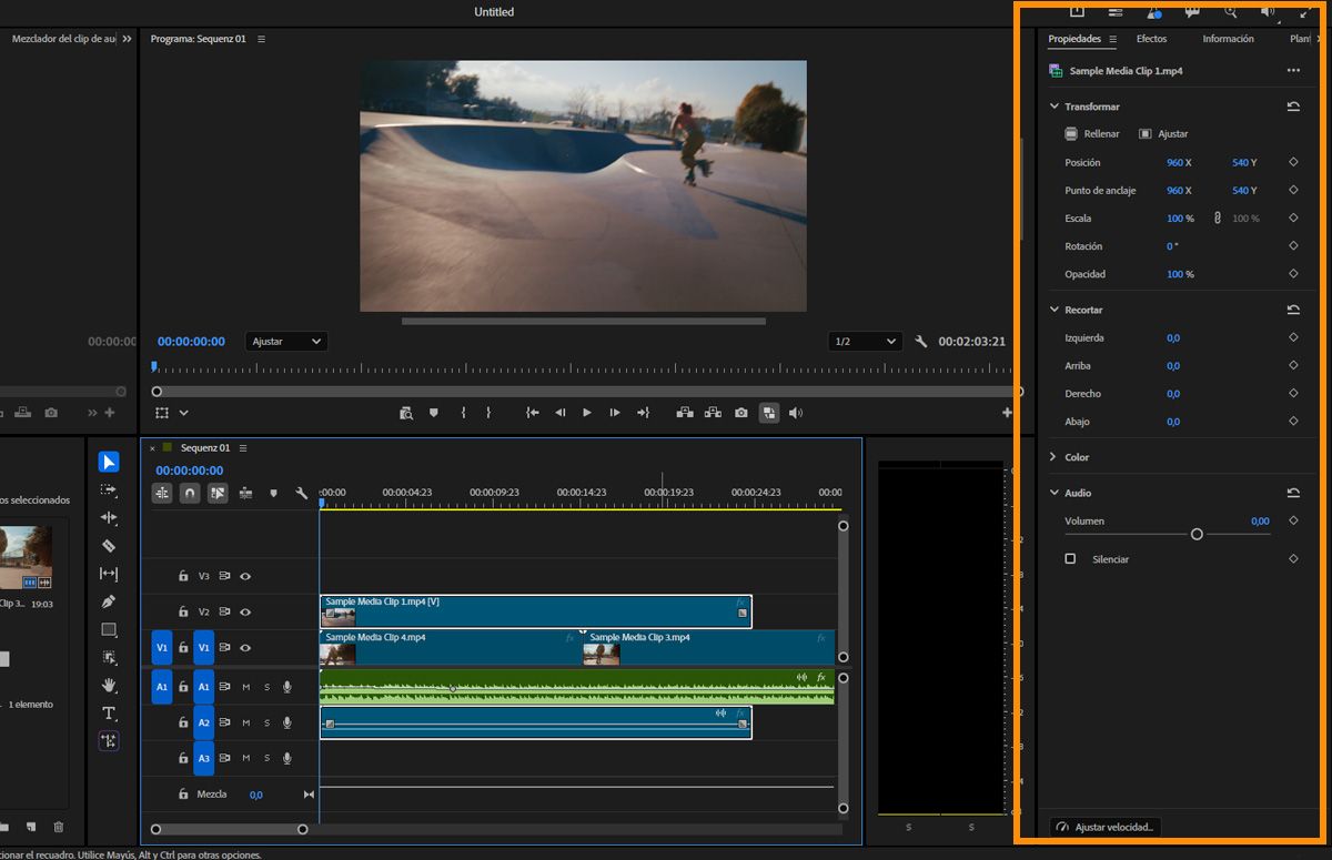 El panel Línea de tiempo muestra un clip seleccionado en la línea de tiempo y el panel Propiedades muestra controles de transformación, recorte y audio.