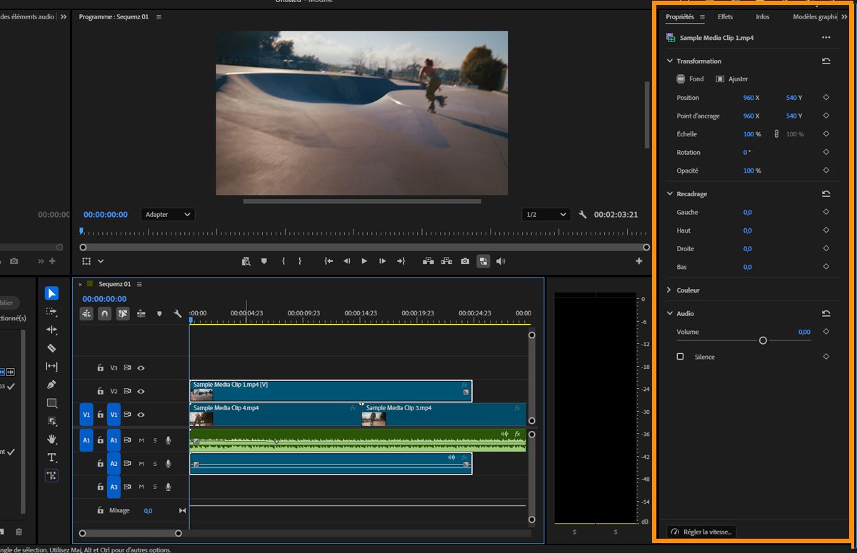 Le panneau Montage affiche un clip sélectionné dans le montage et le panneau Propriétés, qui affiche les contrôles de transformation, de recadrage et audio.