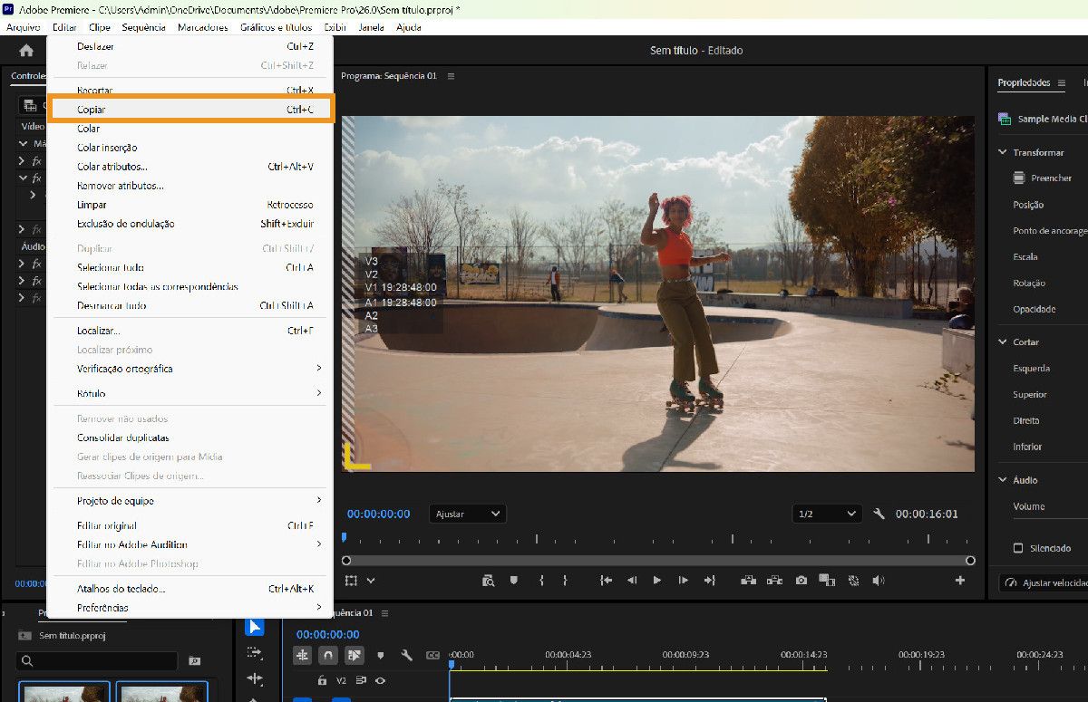 Interface do Premiere com o menu Editar aberto e Copiar selecionado para o clipe ativo.