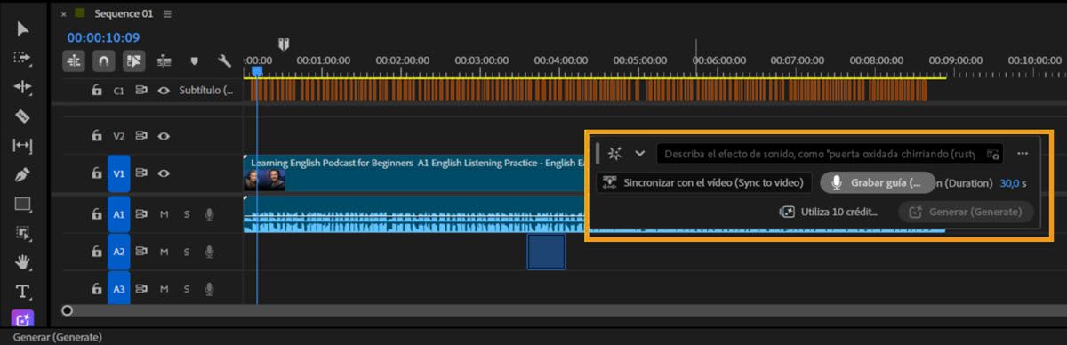 Cronología de Premiere con la barra de herramientas Generar medios resaltada, mostrando opciones para describir un efecto de sonido, sincronizarlo con vídeo, grabar una guía, ver la duración seleccionada y el coste del crédito, y generar el efecto de sonido.