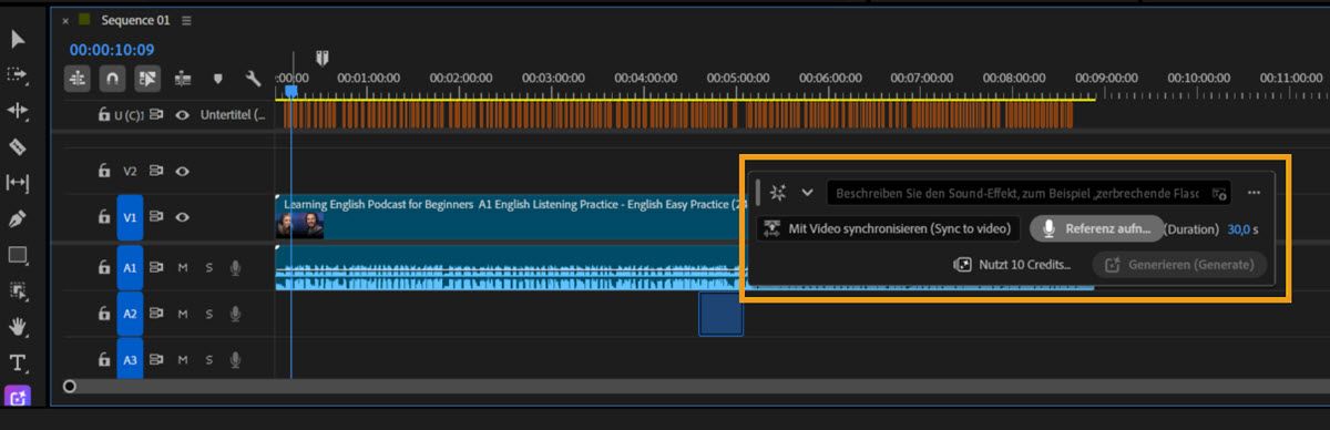 Premiere Timeline mit hervorgehobener Symbolleiste „Medien generieren“, die Optionen zum Beschreiben eines Soundeffekts, zur Synchronisation mit Video, zum Aufnehmen einer Anleitung, zum Anzeigen der ausgewählten Dauer und Credit-Kosten sowie zum Generieren des Soundeffekts zeigt.