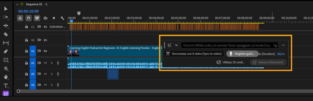 Timeline di Premiere con la barra degli strumenti Genera file multimediali evidenziata, che mostra le opzioni per descrivere un effetto audio, sincronizzarlo con il video, registrare una guida, visualizzare la durata selezionata e il costo in crediti, e generare l’effetto audio.