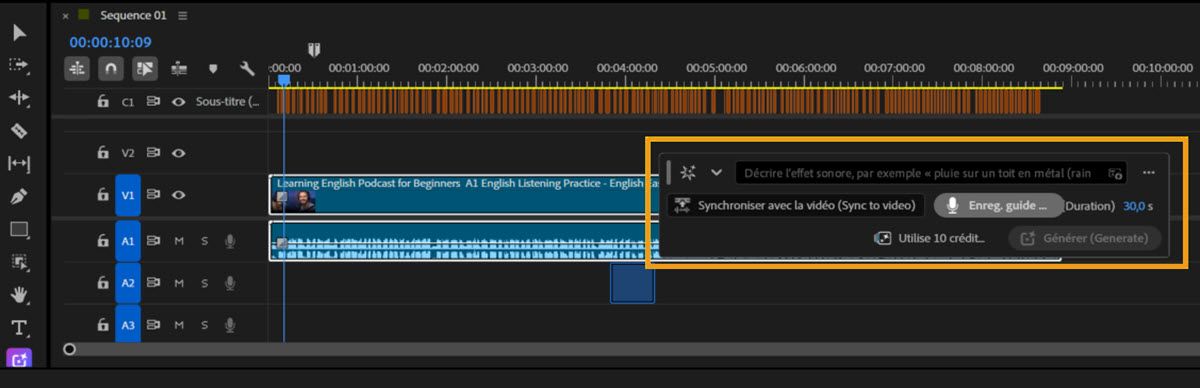 Montage Premiere avec la barre d’outils Générer des médias mise en évidence, montrant les options pour décrire un effet sonore, le synchroniser avec la vidéo, enregistrer un guide, afficher la durée sélectionnée et le coût en crédits, et générer l’effet sonore.
