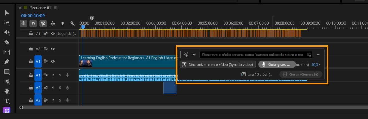 Linha do tempo do Premiere com a Barra de ferramentas gerar mídia destacada, mostrando opções para descrever um efeito sonoro, sincronizá-lo com vídeo, gravar uma guia, visualizar a duração selecionada e o custo do crédito e gerar o efeito sonoro.