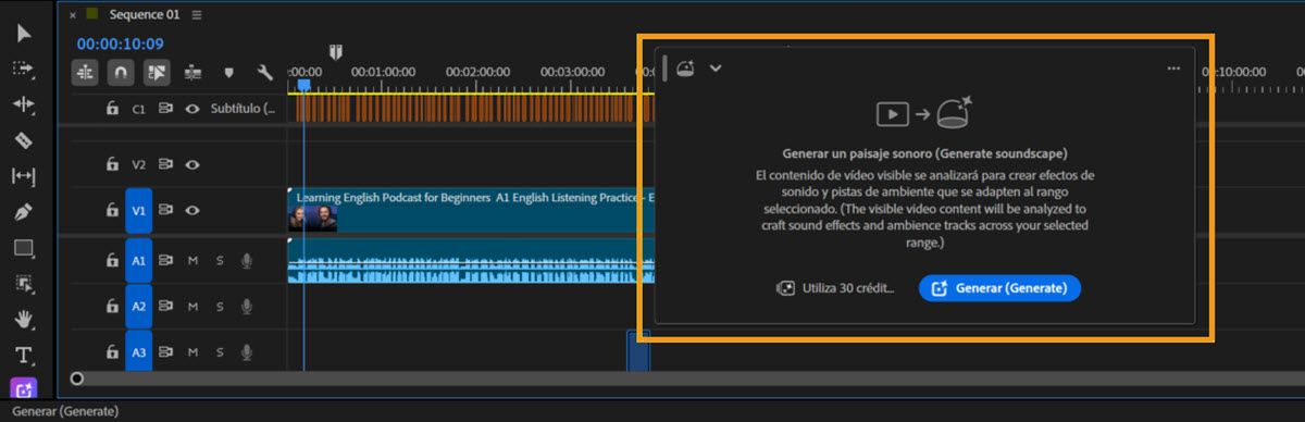 Cronología de Premiere con la barra de herramientas Generar medios mostrando la opción Generar paisaje sonoro y controles para generar audio basado en el contenido de vídeo visible.