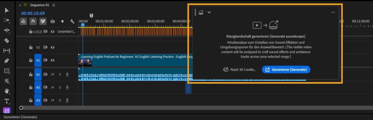 Premiere Timeline mit der Symbolleiste „Medien generieren“, die die Option „Klanglandschaft generieren“ und Steuerungen zur Generierung von Audio basierend auf den sichtbaren Videoinhalten anzeigt.