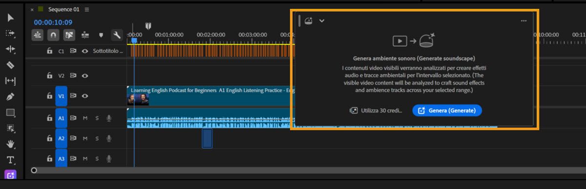 Timeline di Premiere con la barra degli strumenti Genera file multimediali evidenziata, che mostra l’opzione Genera paesaggio sonoro e i controlli per generare l’audio in base ai contenuti video visibili.