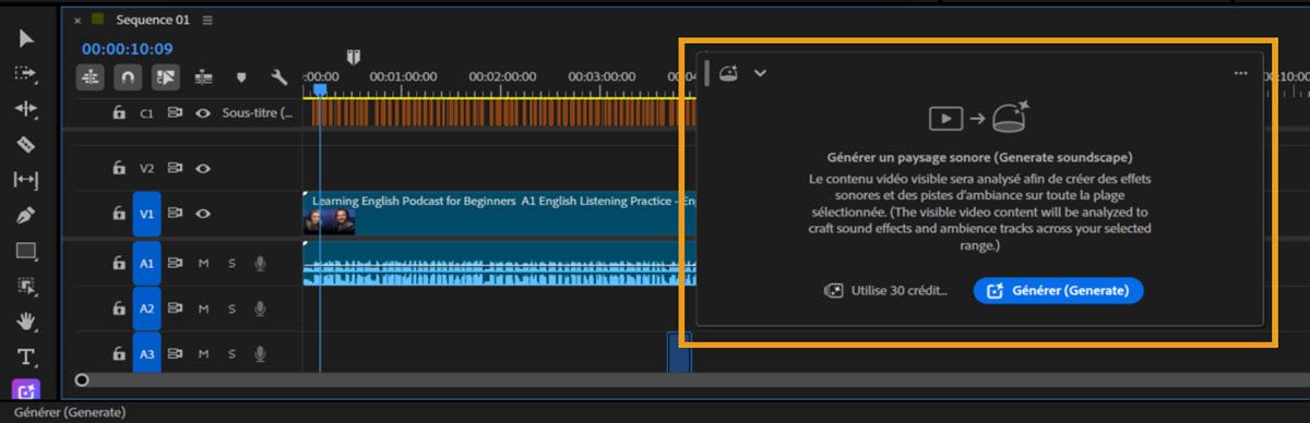 Montage Premiere avec la barre d’outils Générer des médias affichant l’option Générer un paysage sonore et les contrôles pour générer de l’audio basé sur le contenu vidéo visible.