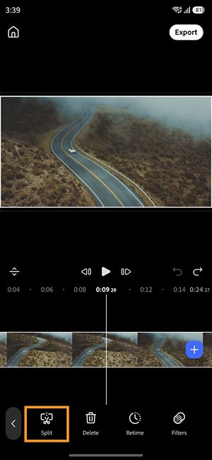 Premiere timeline with the playhead positioned between two clip segments and the Split button highlighted at the bottom of the screen.
