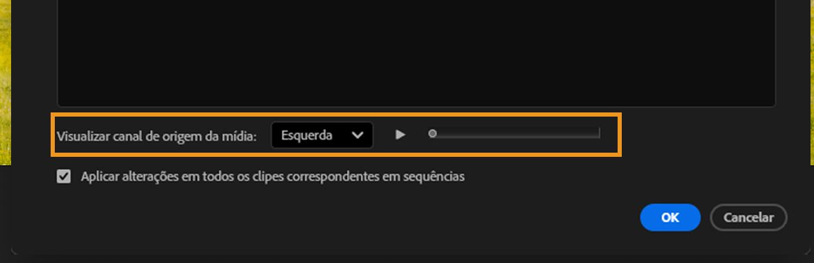 Seção Visualizar Canal de Origem de Mídia com o canal Esquerdo selecionado e o controle deslizante de reprodução visível.