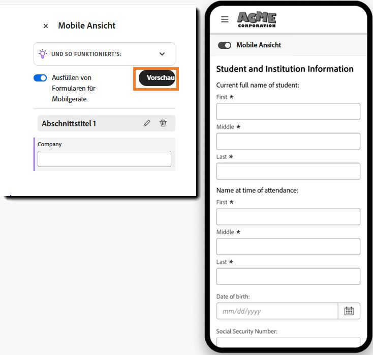 Formularerstellung mit Fokus für Mobilgeräte, die zeigt, wie Abschnittsanweisungen hinzugefügt werden