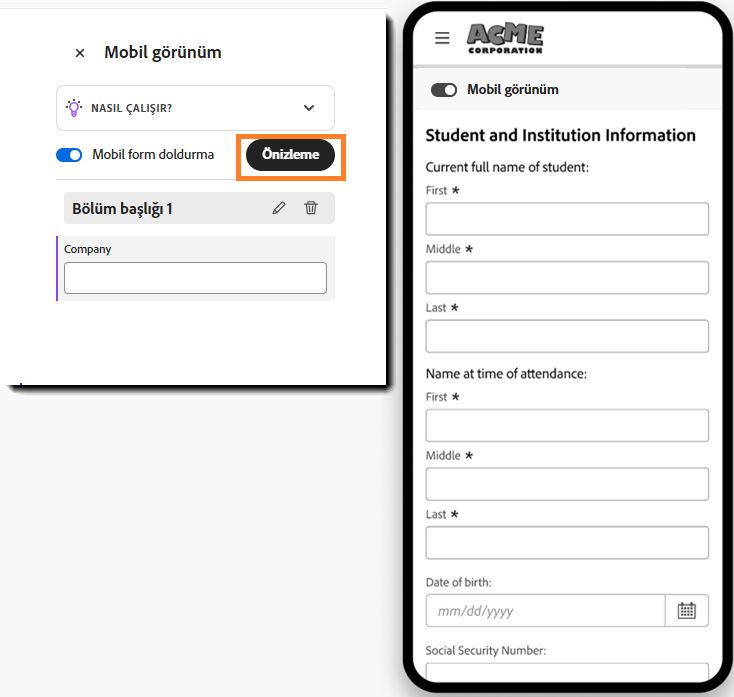 Eklenen bölüm talimatlarını gösteren Mobil Odak Form Oluşturucu