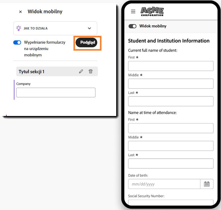 Dodawanie instrukcji sekcji w mobilnym kreatorze formularzy