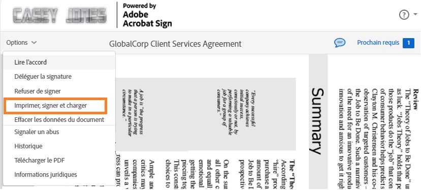 Page de signature électronique avec le menu Options développé et l’option « Imprimer, signer et charger » mise en évidence.