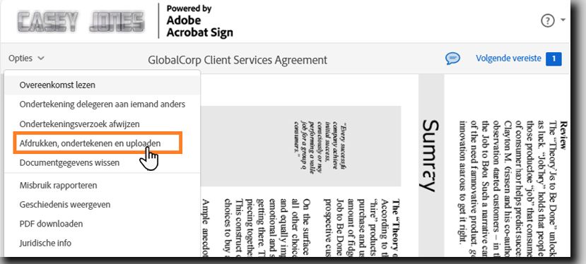 De pagina voor elektronische ondertekening met het uitgevouwen optiemenu en de optie Afdrukken, ondertekenen en uploaden gemarkeerd.
