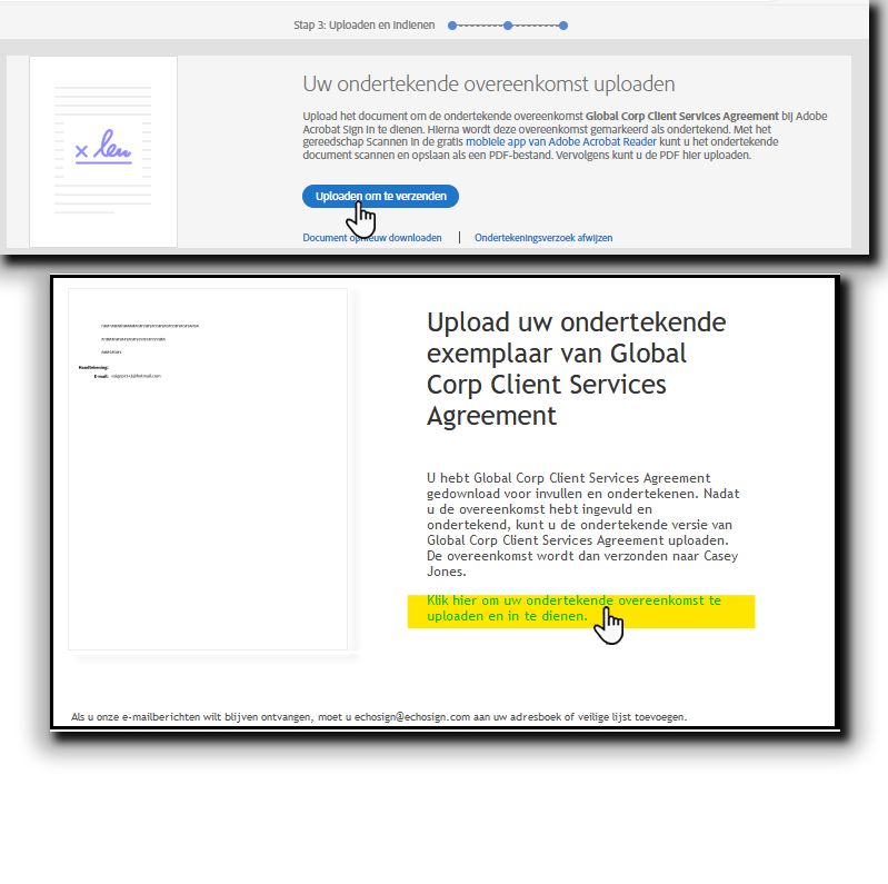 De pagina Ondertekende overeenkomst uploaden en de upload-e-mail.