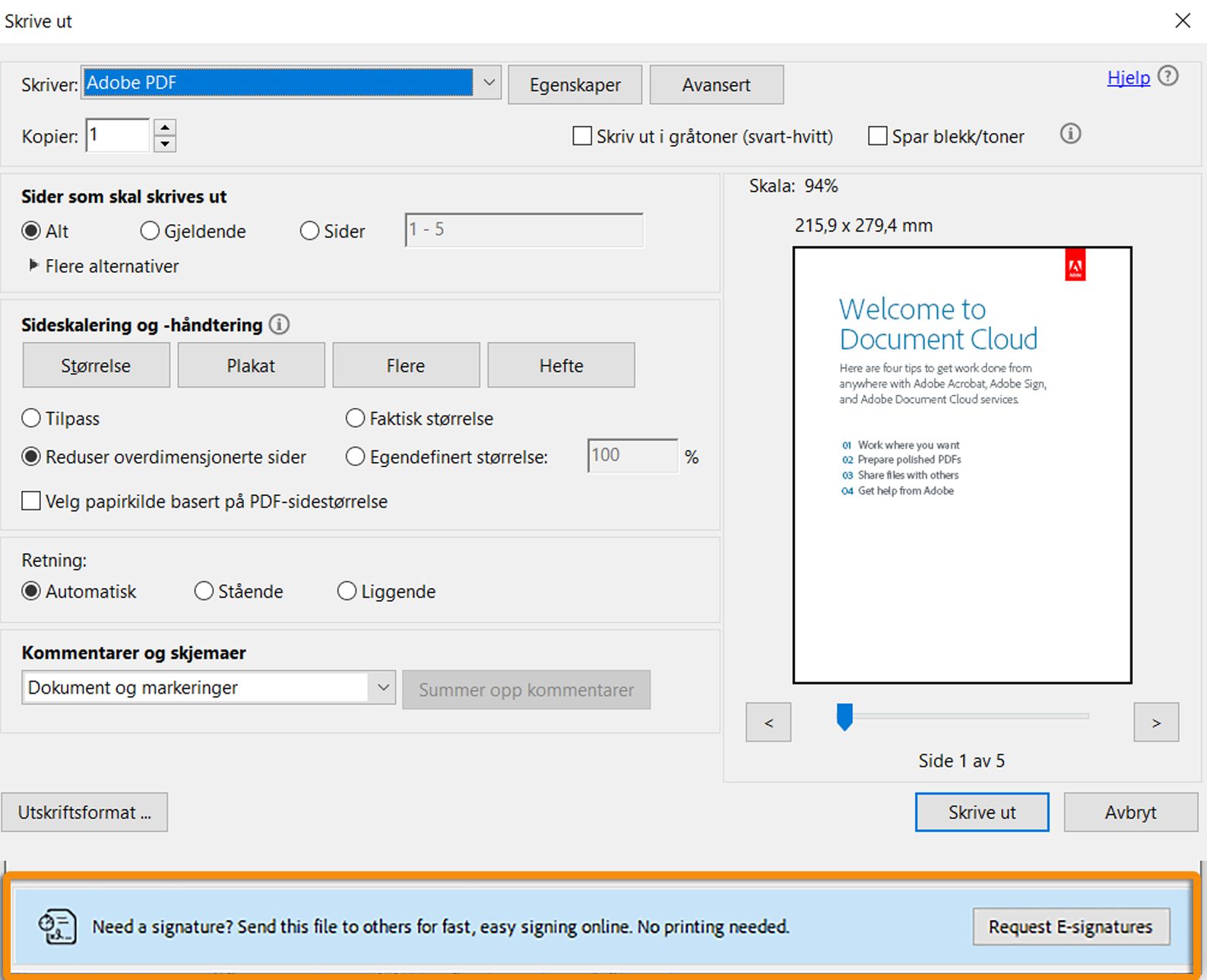 Signer spørsmål mens du skriver ut et PDF-skjema med usignert felt