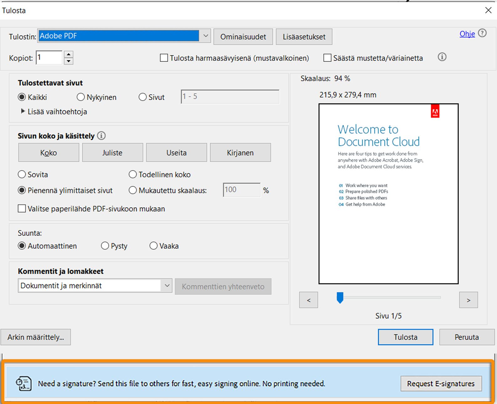 Allekirjoituskehote tulostettaessa PDF-lomaketta, jossa on allekirjoittamaton kenttä