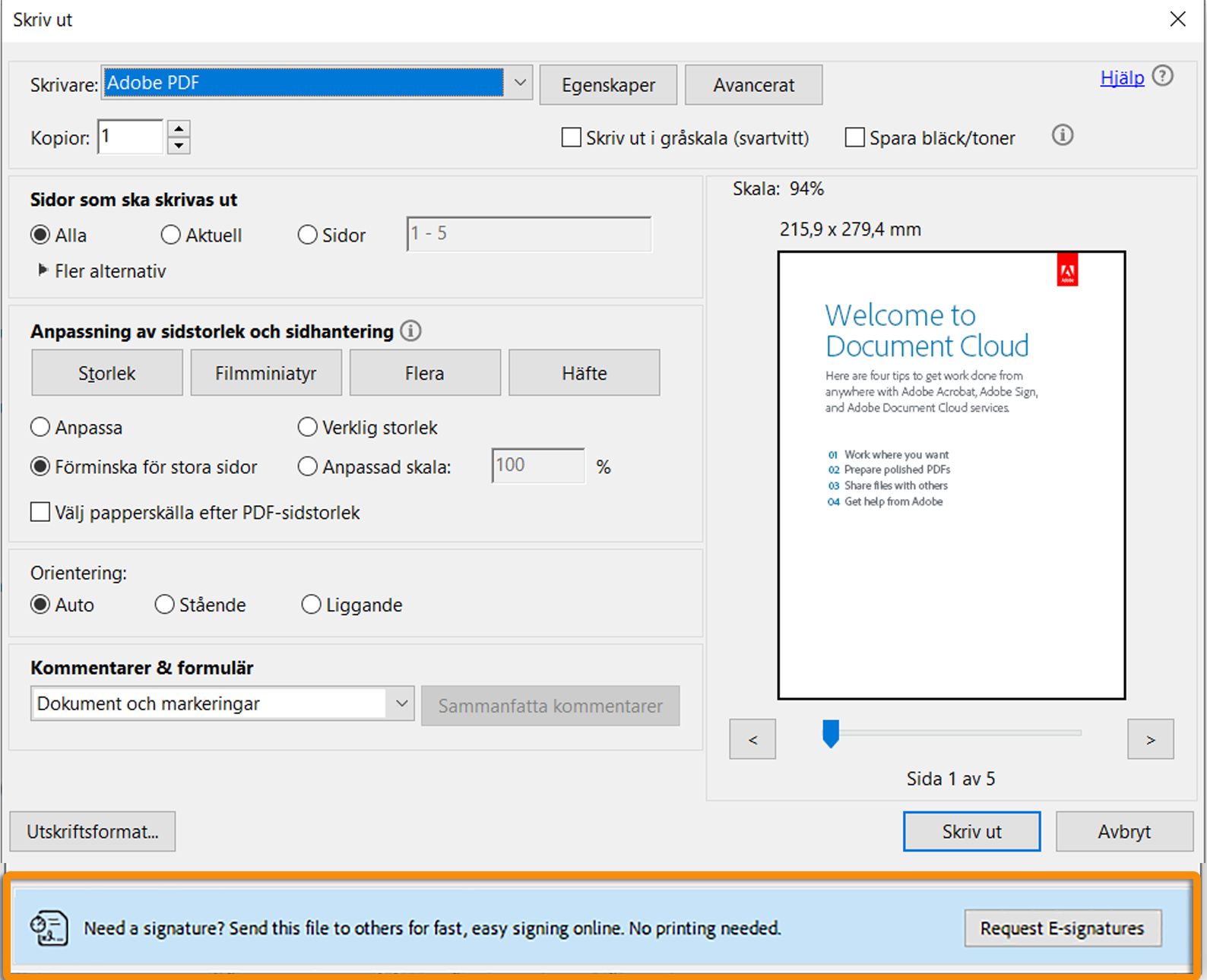 Uppmaning till att signera när du skriver ut ett PDF-formulär med osignerat fält
