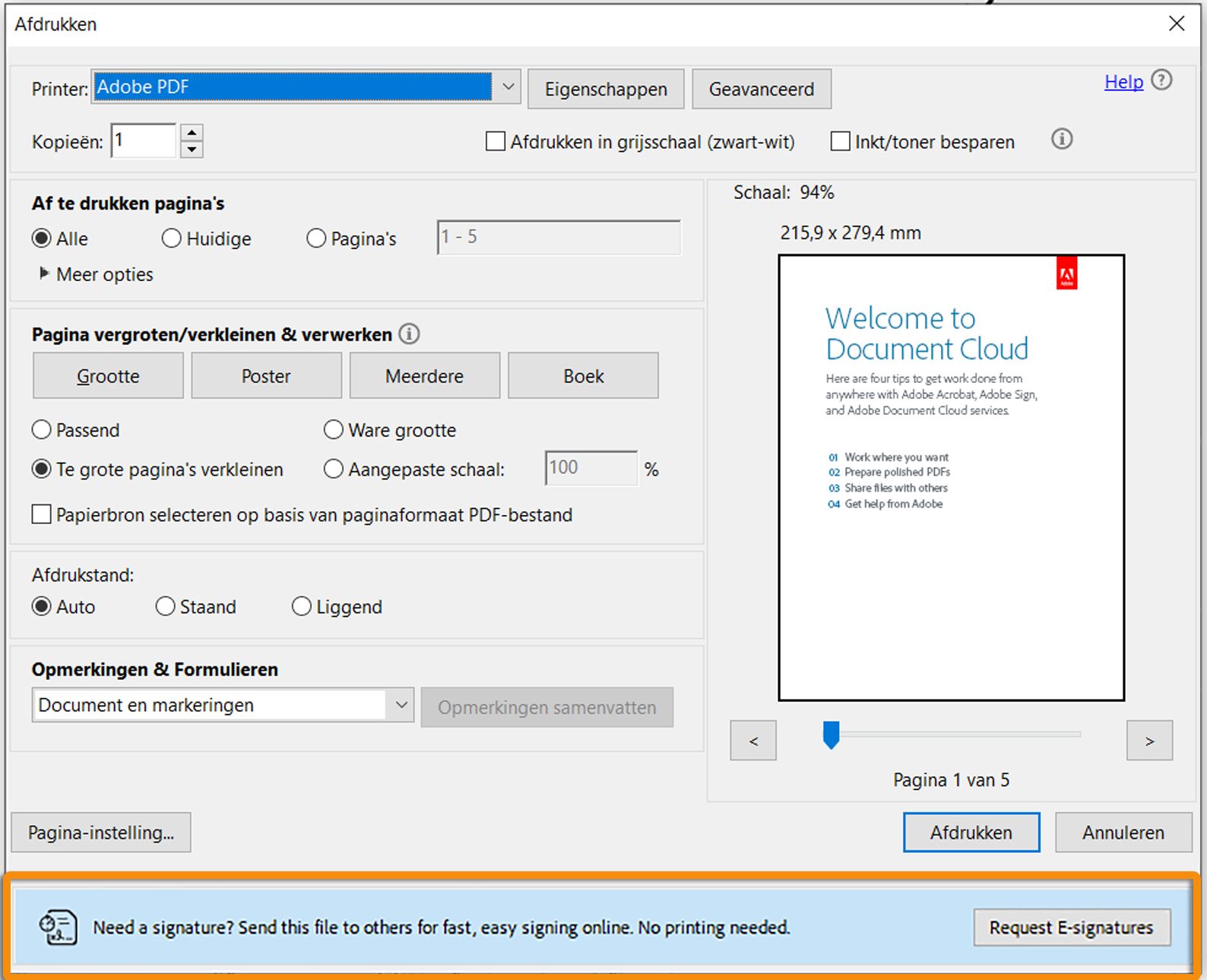 Vragen om ondertekening bij het afdrukken van een PDF-formulier met een niet-ondertekend veld