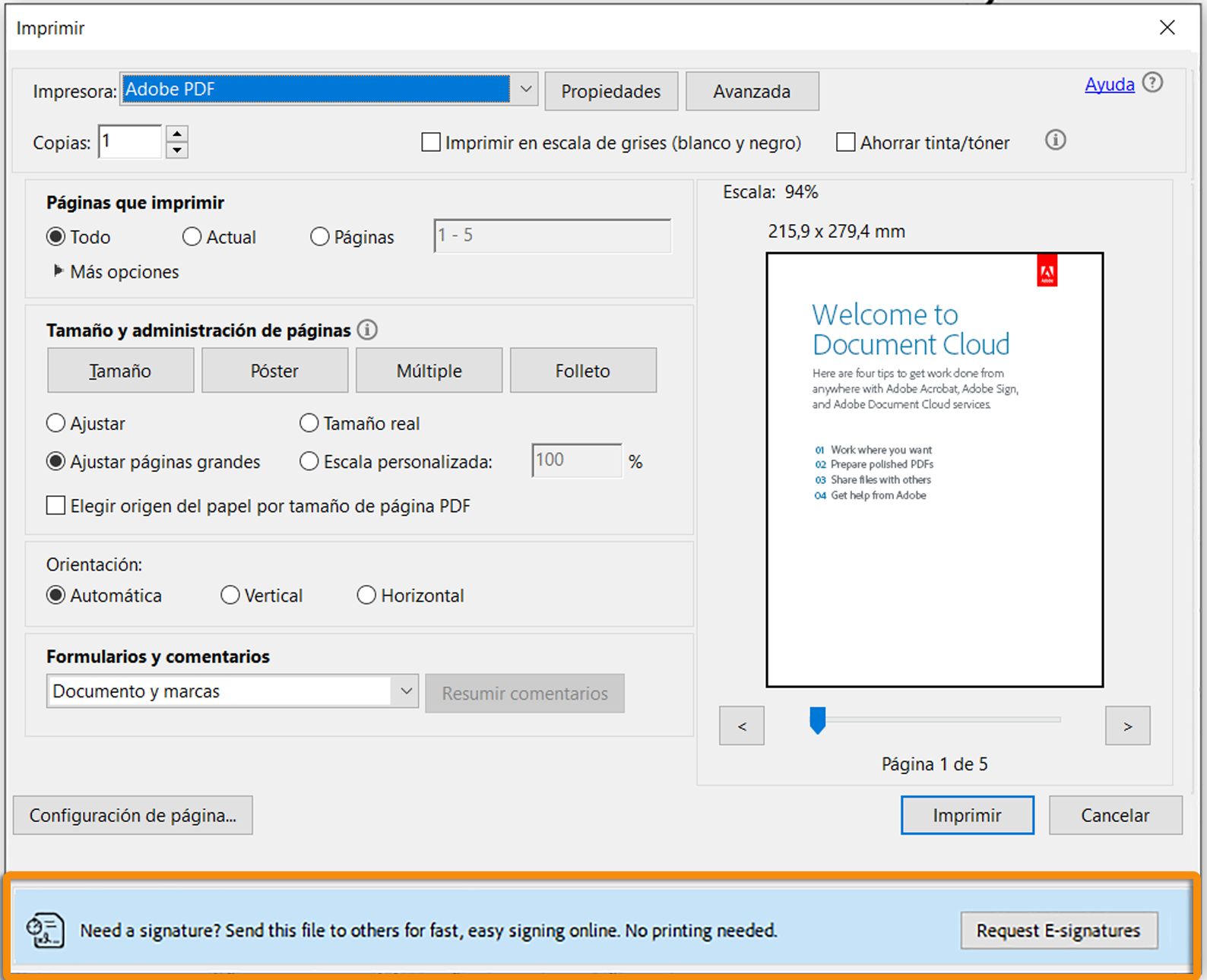 Solicitud de firma mientras se imprime un formulario PDF con un campo sin firmar