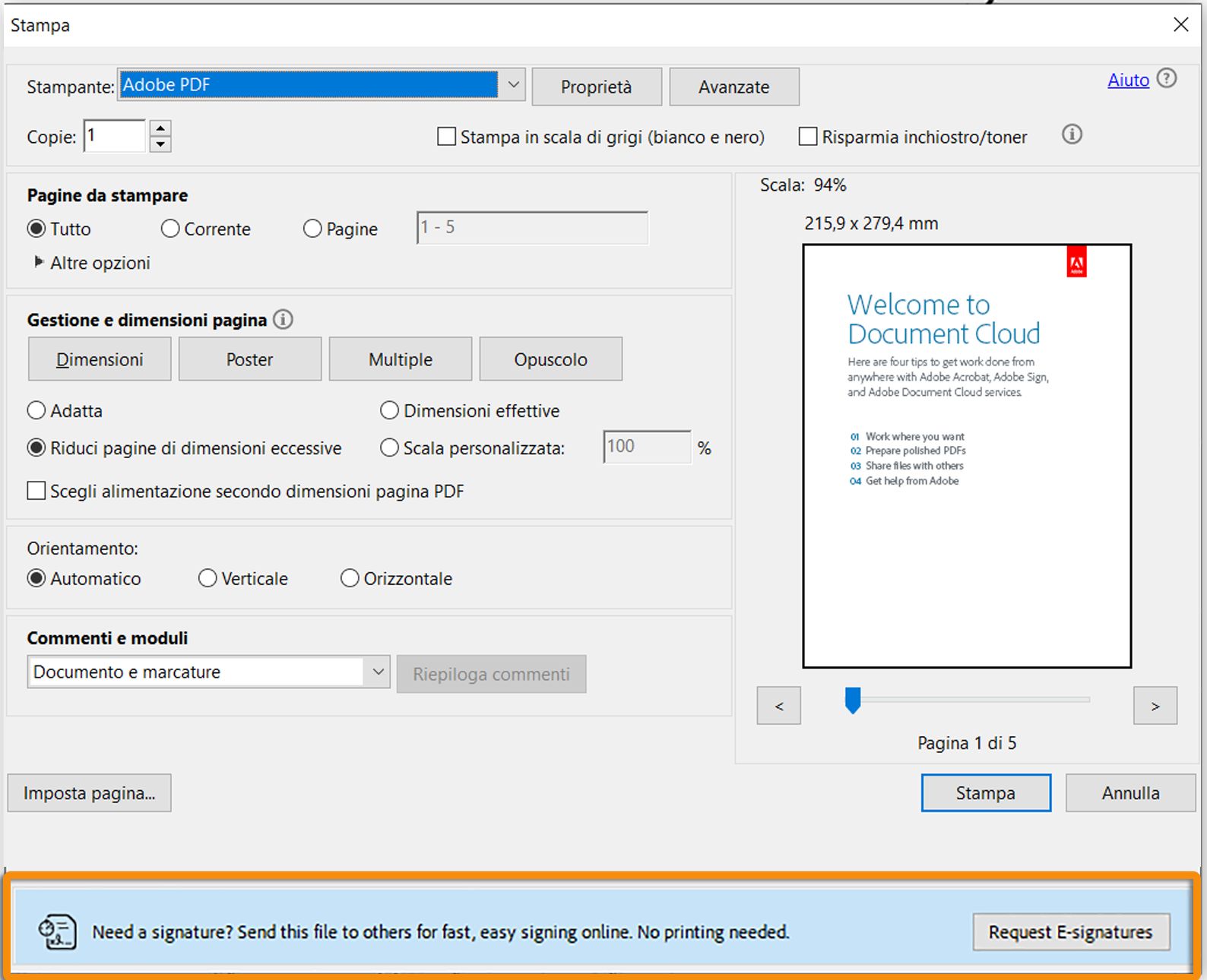 Richiesta di firmare quando si stampa un modulo PDF contenente un campo senza firma