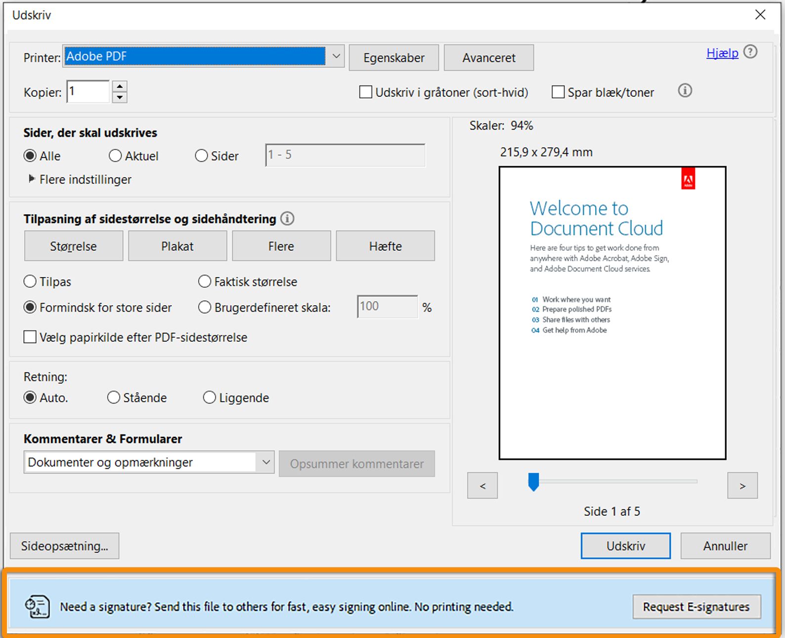 Underskriv-prompt ved udskrivning af en PDF-formular med ikke-underskrevet felt