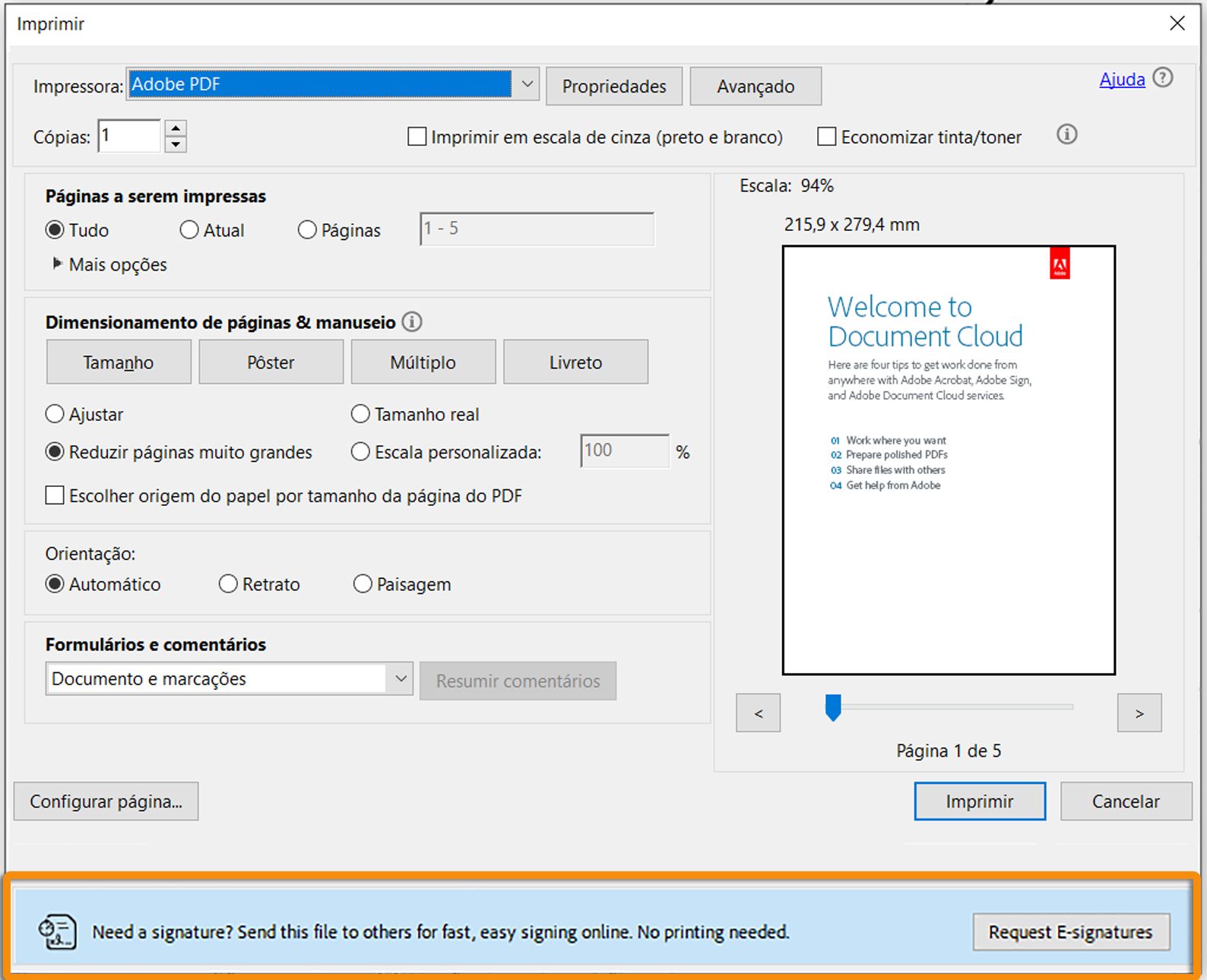 Solicitação de assinatura ao imprimir um formulário PDF com um campo não assinado
