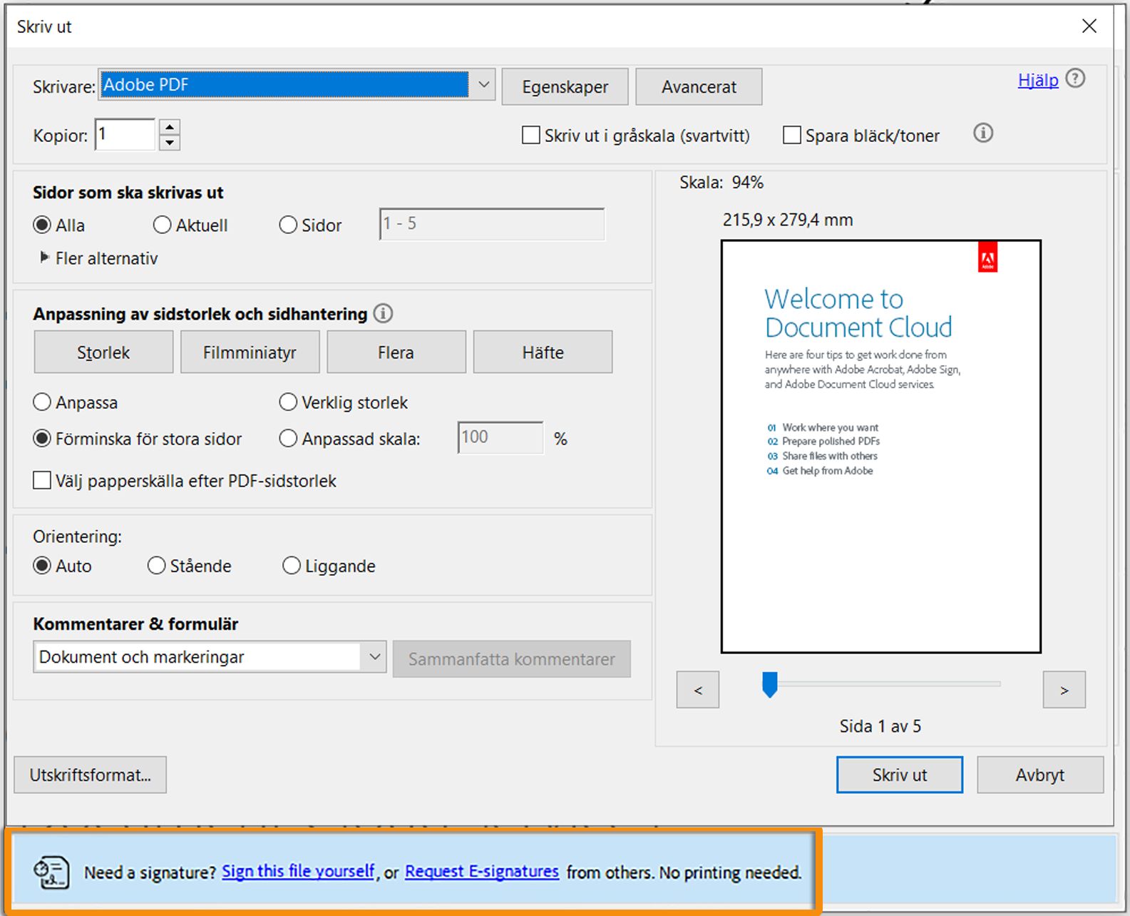 Uppmaning till att signera när du skriver ut ett PDF-formulär med osignerat fält