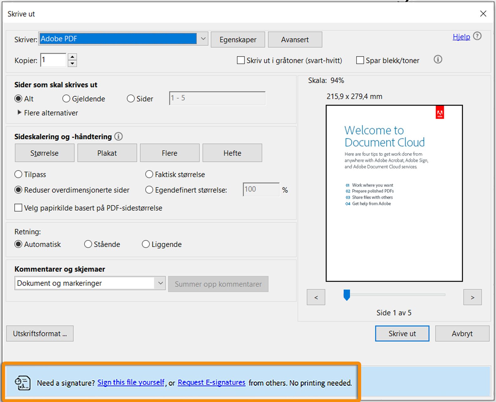 Signer spørsmål mens du skriver ut et PDF-skjema med usignert felt