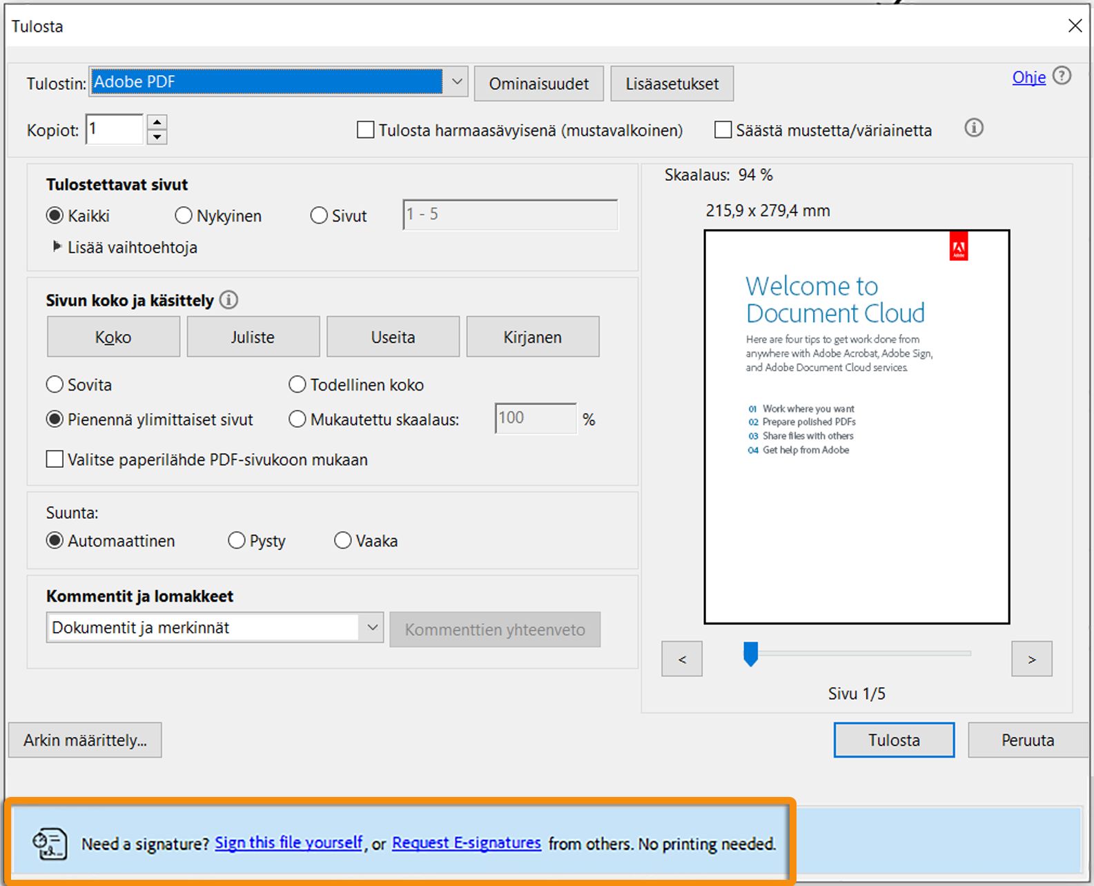 Allekirjoituskehote tulostettaessa PDF-lomaketta, jossa on allekirjoittamaton kenttä