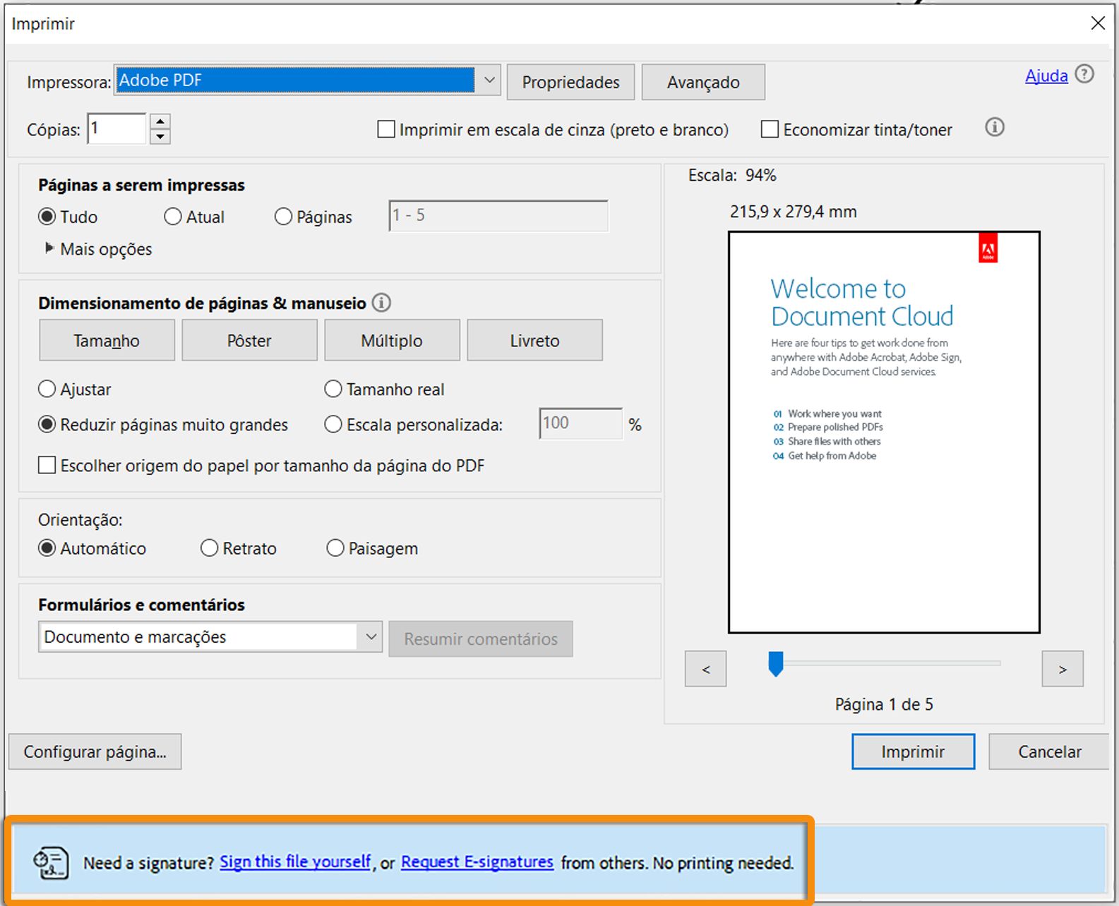 Solicitação de assinatura ao imprimir um formulário PDF com um campo não assinado