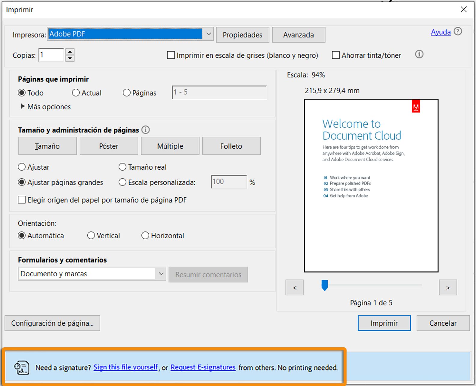 Solicitud de firma mientras se imprime un formulario PDF con un campo sin firmar