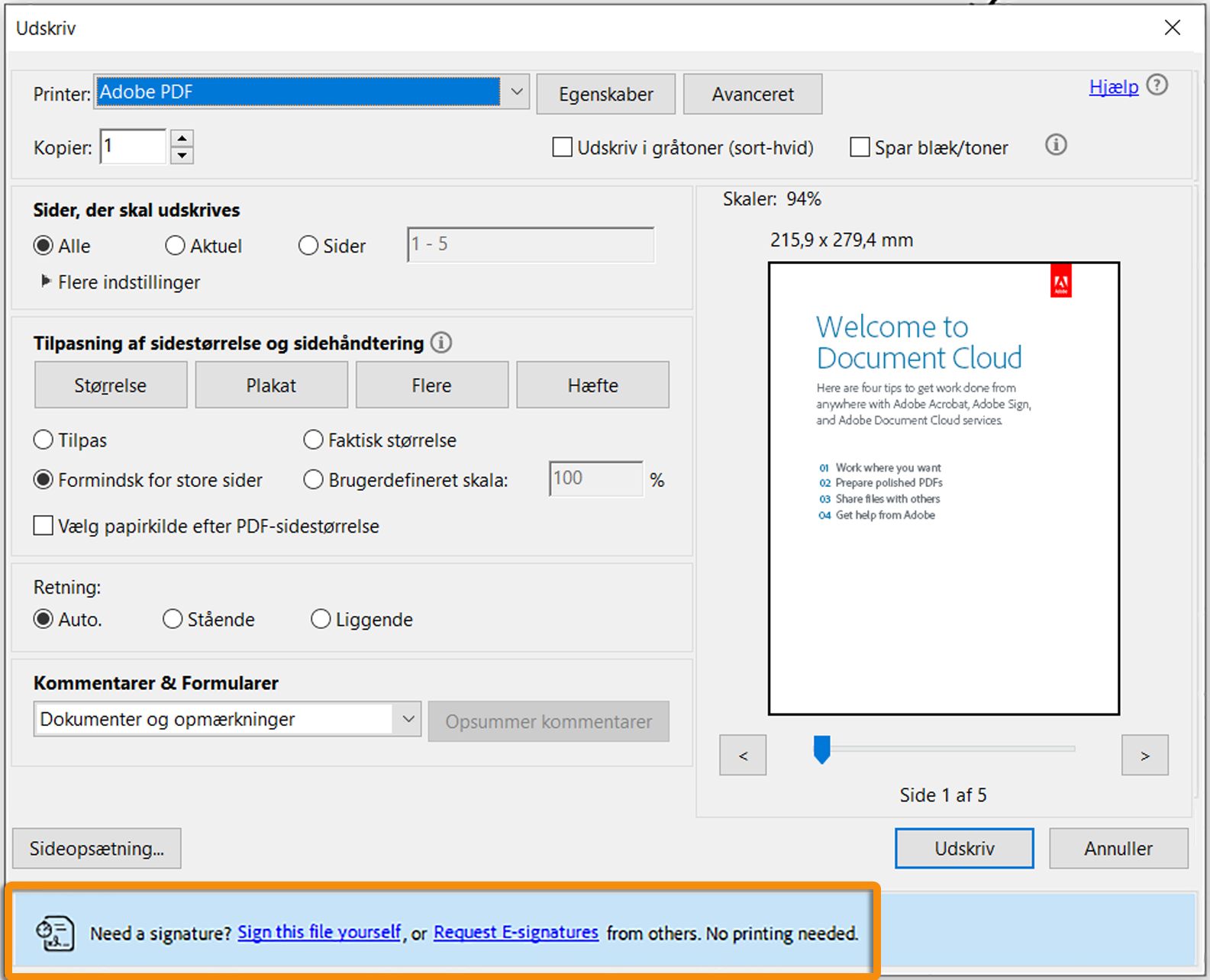 Underskriv-prompt ved udskrivning af en PDF-formular med ikke-underskrevet felt