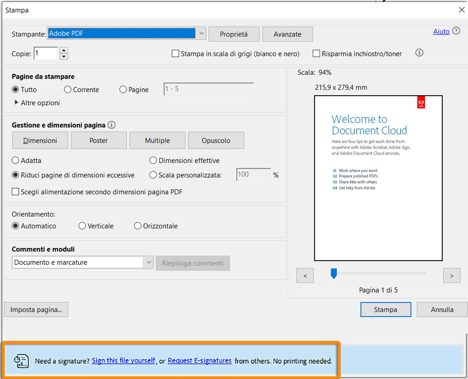 Richiesta di firmare quando si stampa un modulo PDF contenente un campo senza firma