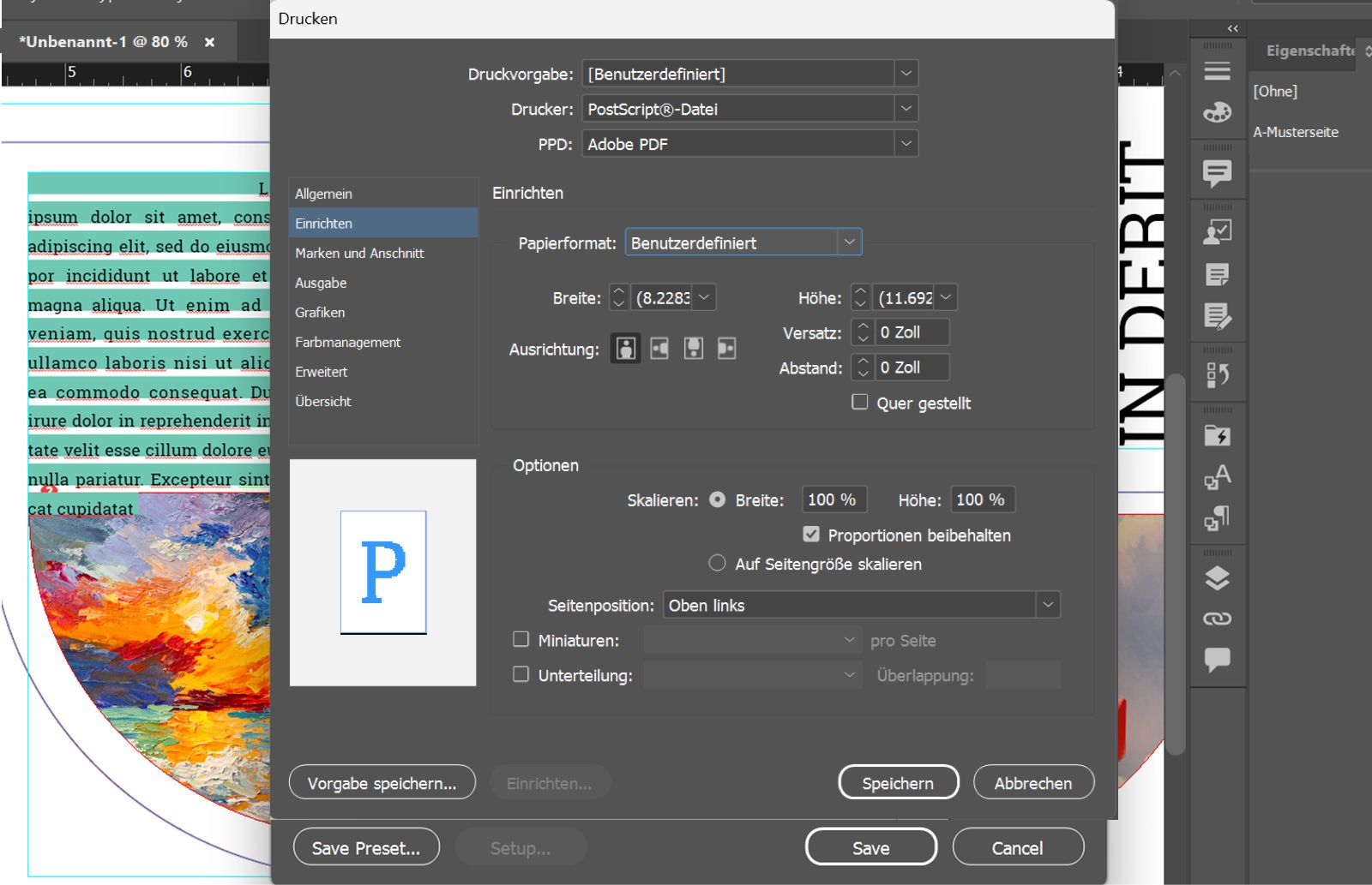Drucken-Dialogfeld mit PostScript File-Drucker, Adobe PDF 9.0 PPD, benutzerdefiniertem Papierformat, 2 Zoll Versatz, 1 Zoll Abstand und der Vorschau.