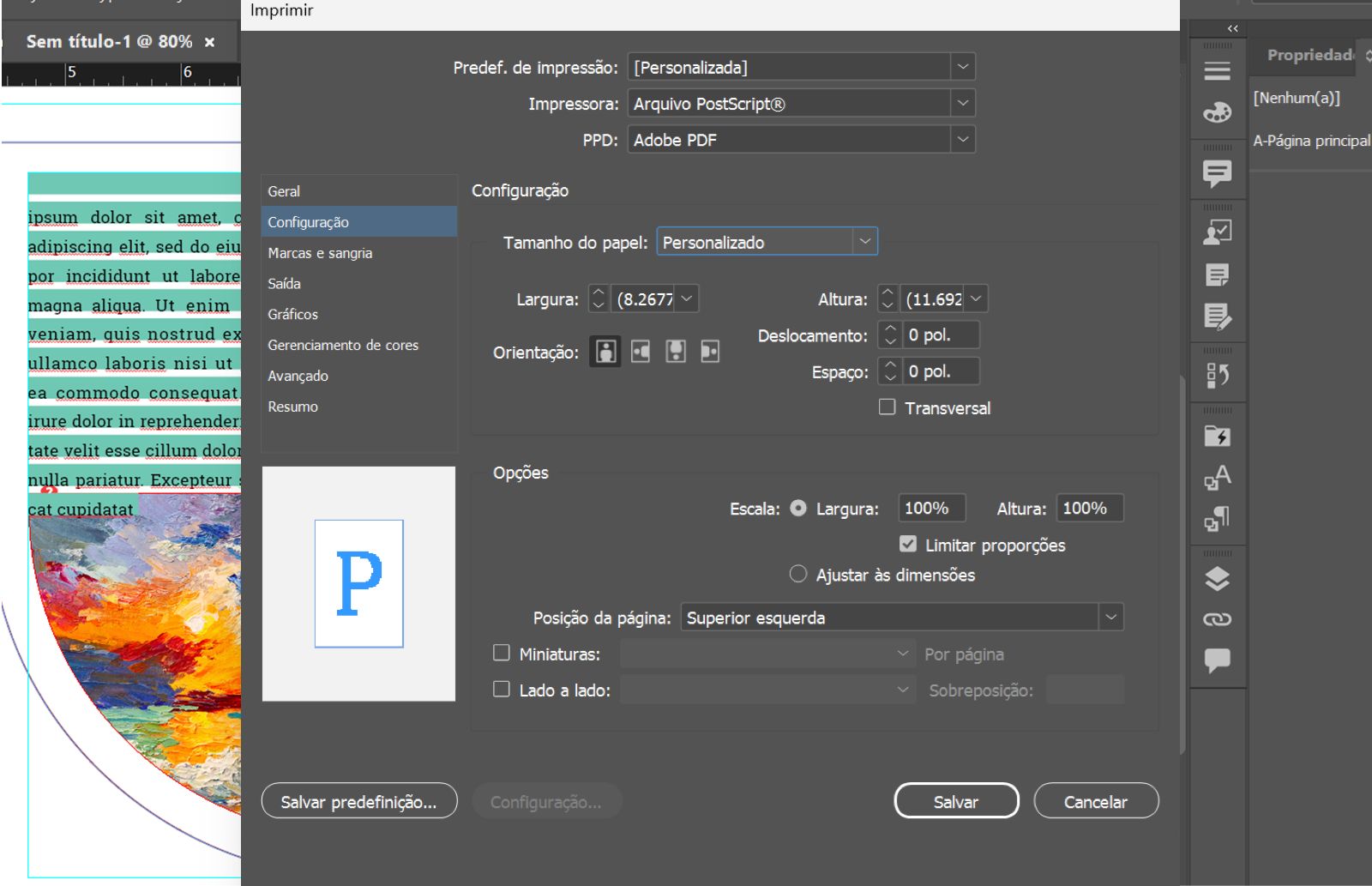 Caixa de diálogo Imprimir mostrando impressora Arquivo PostScript, Adobe PDF 9.0 PPD, tamanho de papel Personalizado, Deslocamento de 2 pol., Espaçamento de 1 pol. e a visualização.