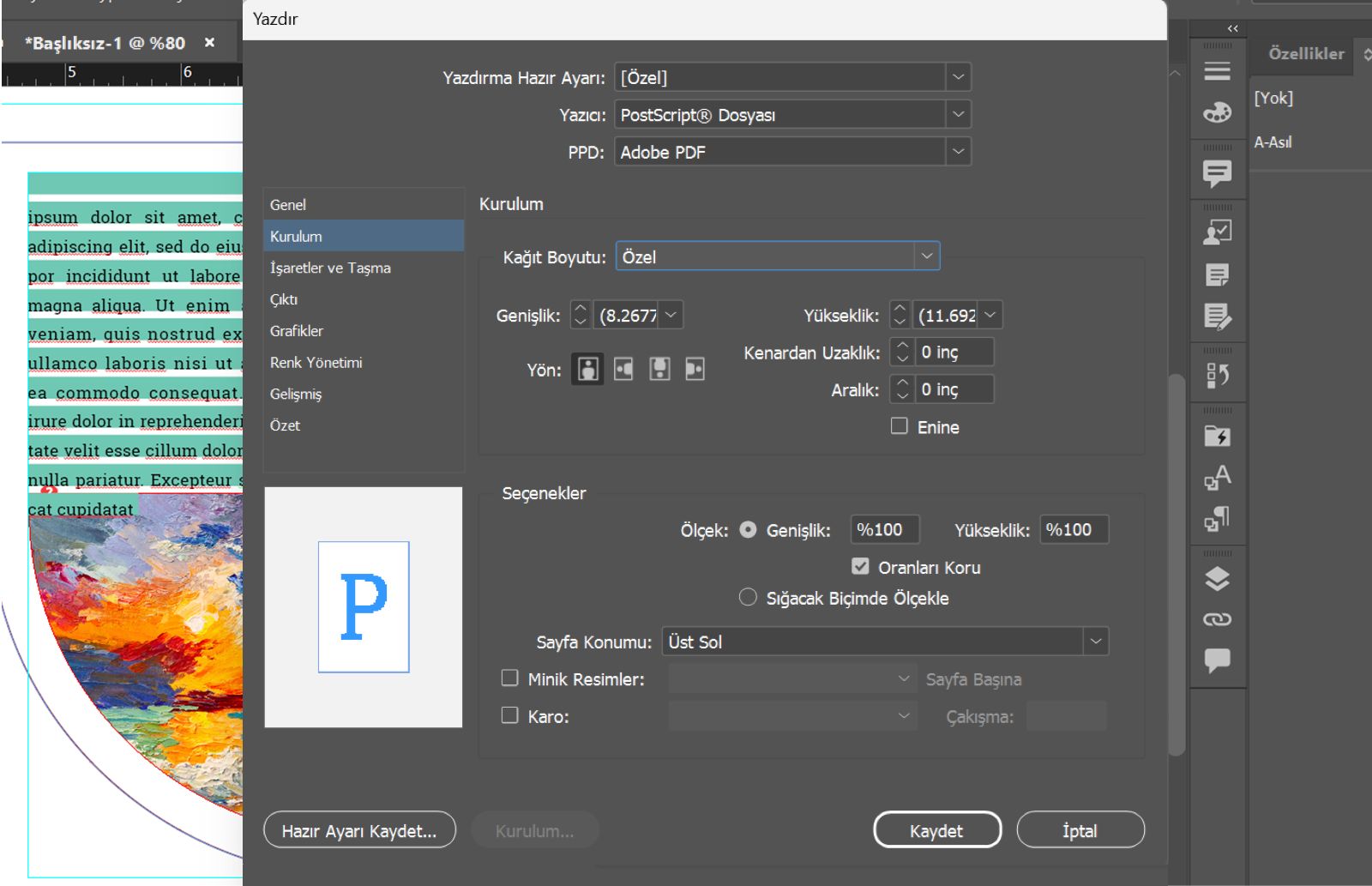 PostScript Dosyası yazıcısı, Adobe PDF 9.0 PPD, Özel kağıt boyutu, 2 inç Kaydırma, 1 inç Boşluk ve önizlemeyi gösteren Yazdır iletişim kutusu.