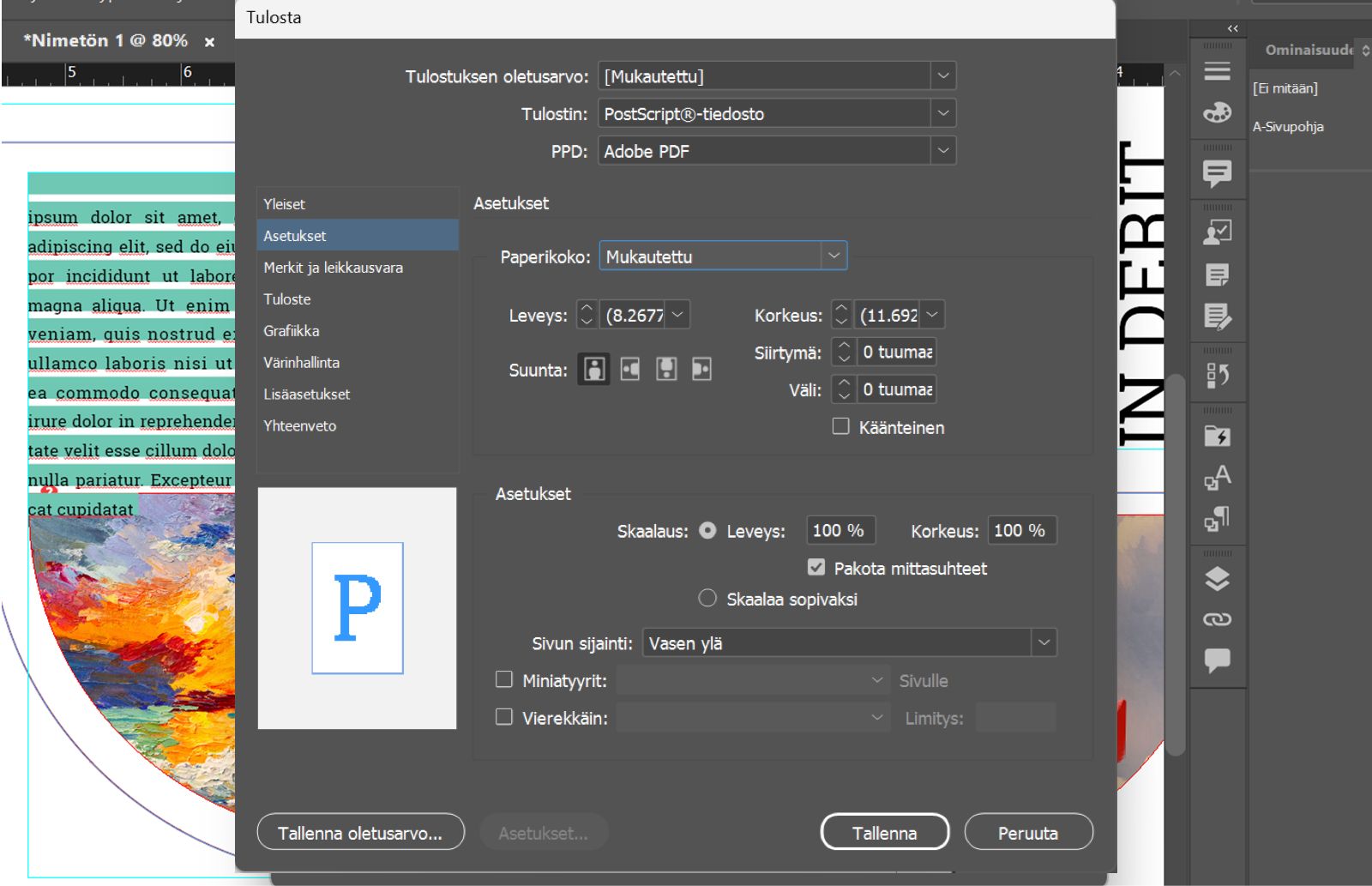 Tulosta-valintaikkuna, jossa PostScript File -tulostin, Adobe PDF 9.0 PPD, mukautettu paperikoko, 2 tuuman siirtymä, 1 tuuman väli ja esikatselu.