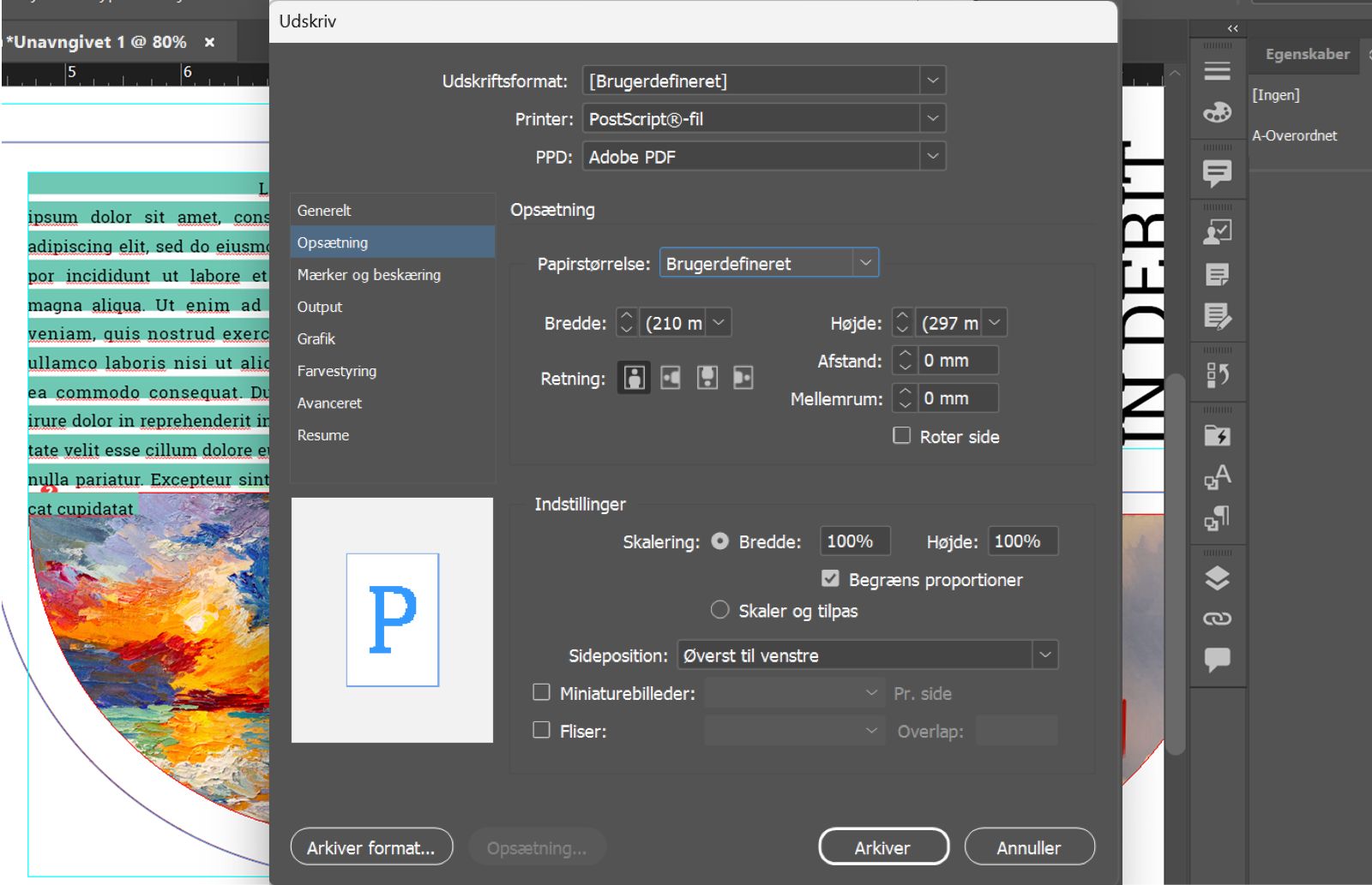 Dialogboksen Udskriv viser PostScript File-printer, Adobe PDF 9.0 PPD, brugerdefineret papirstørrelse, to tommer forskydning, en tomme mellemrum og forhåndsvisningen.